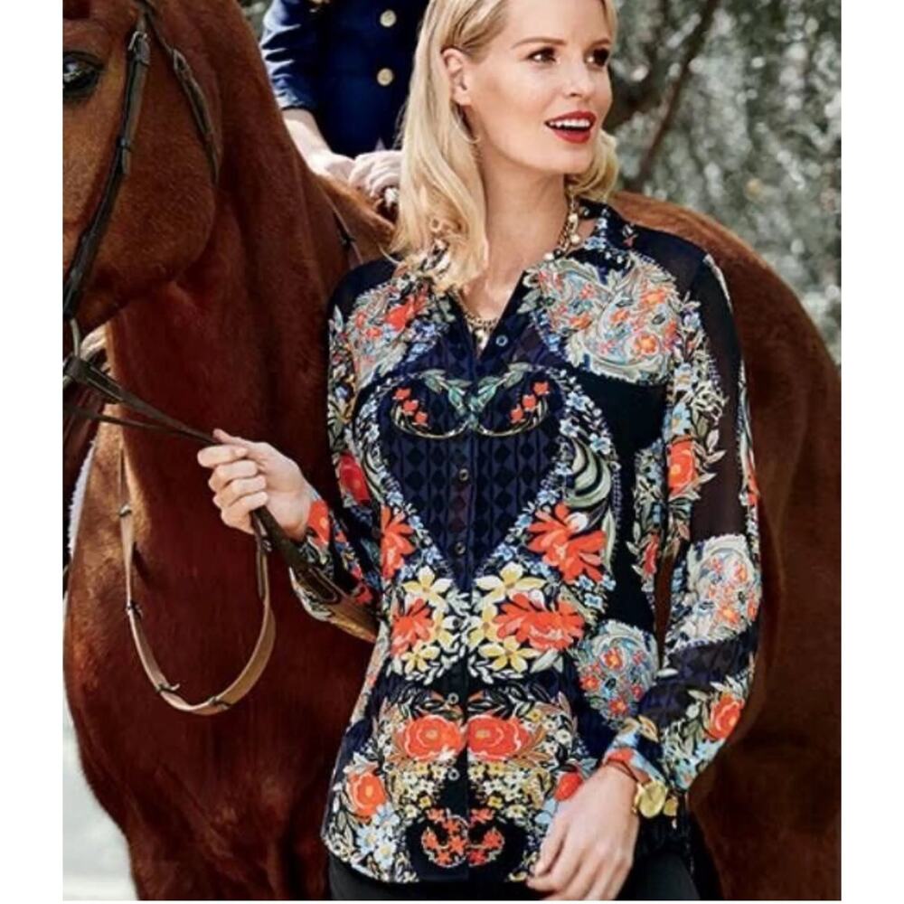 Cabi Black + Red Semi Sheer Amour Printed Long Sleeve Collared Blouse Small